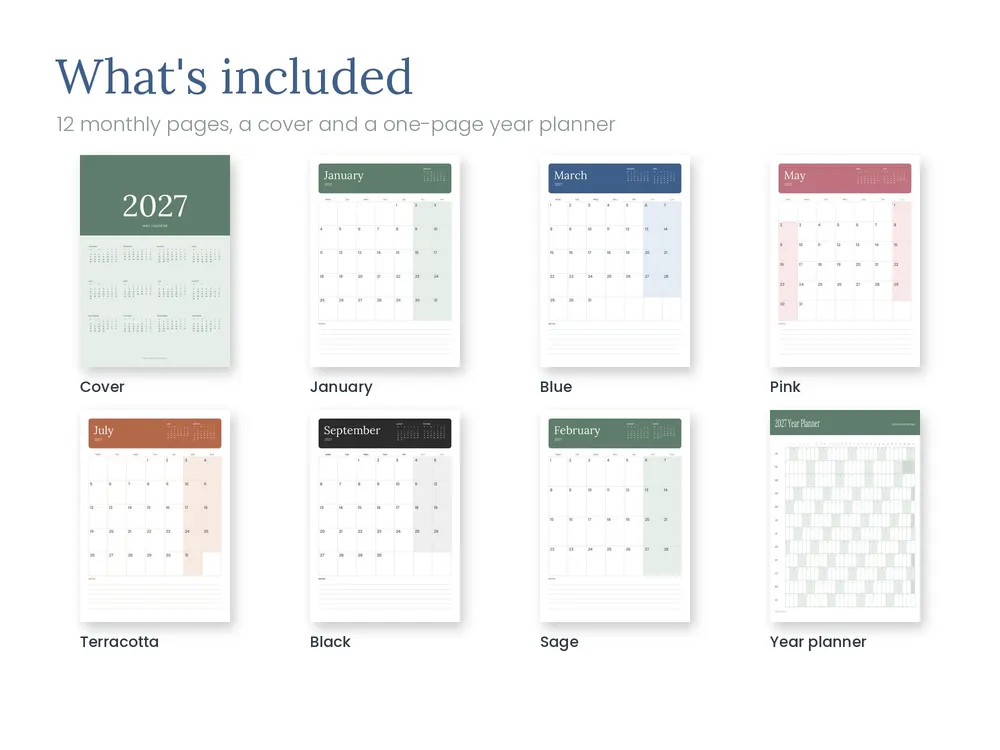 2027 Wall Calendar: O que inclui
